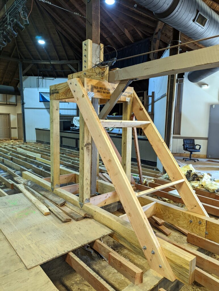 Support shoring for column repair as part of structural repair at Purcellville's Bush Tabernacle Roller Rink.